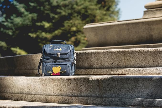 PICNIC TIME Disney Winnie the Pooh Pranzo Insulated Lunch Box, Soft Sided Lunch Bag with Picnic Set, Dual Compartment Cooler Lunch Box, (Navy Blue)