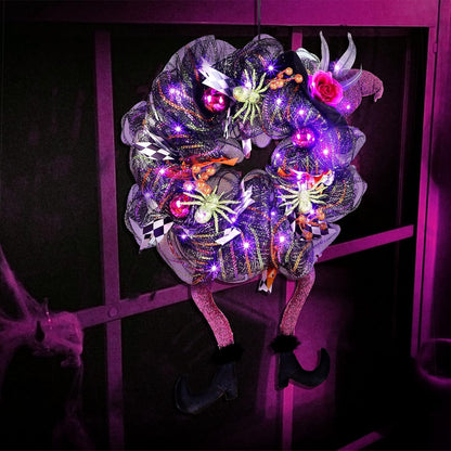 Lulu Home Halloween Front Door Wreath, Purple LED Lighted Witch Hat Wreath, Battery Operated, NOT PRELIT