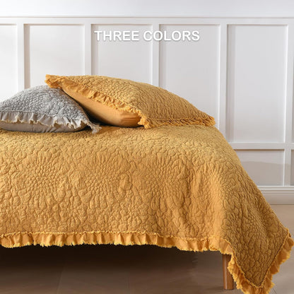 HORIMOTE HOME Beige Ruffled Quilt Twin Size, Stone-Washed Microfiber Lightweight Crinkled Farmhouse Rustic Shabby Chic Bedding Set, 2 Pieces Reversible Bedspread with Pillow Sham for All Season