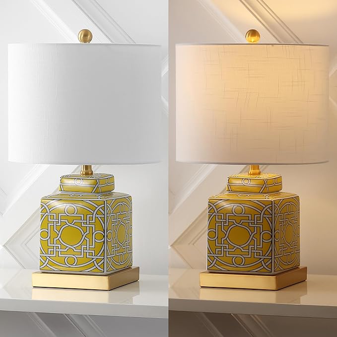 JONATHAN Y 22" Yellow/White Modern Ceramic Ginger Jar Table Lamp for Nightstand, Square Lattice Transitional Chinoiserie Lamp for Living Room, White Linen Shade, LED Bulb (JYL3044C)