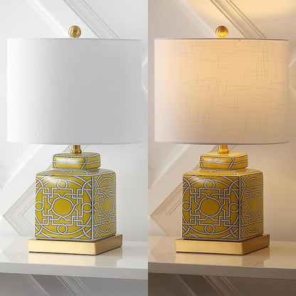 JONATHAN Y 22" Yellow/White Modern Ceramic Ginger Jar Table Lamp for Nightstand, Square Lattice Transitional Chinoiserie Lamp for Living Room, White Linen Shade, LED Bulb (JYL3044C)