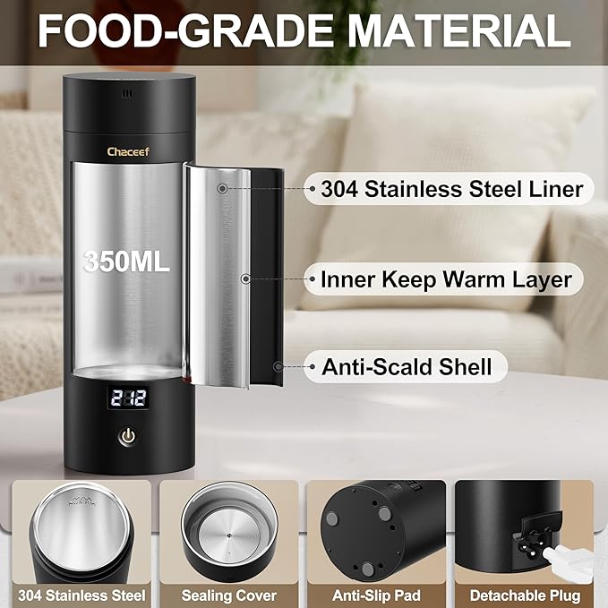 CHACEEF Travel Kettle 𝐔𝐩𝐠𝐫𝐚𝐝𝐞𝐝, Portable Electric Kettle, 350ml Small Electric Kettle with 5 Variable Presets, 304 Stainless Steel Hot Water Boiler with Auto Shut-Off & Boil Dry Protect, Black