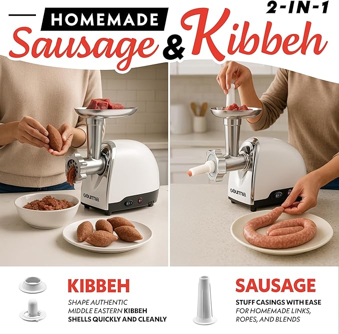 Gourmia Electric Meat Grinder – 500W Commercial Grade Meat Processor with Sausage Stuffer, 3 Stainless Steel Grind Plates Fine to Coarse, Stainless Steel