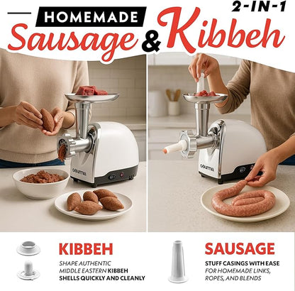 Gourmia Electric Meat Grinder – 500W Commercial Grade Meat Processor with Sausage Stuffer, 3 Stainless Steel Grind Plates Fine to Coarse, Stainless Steel