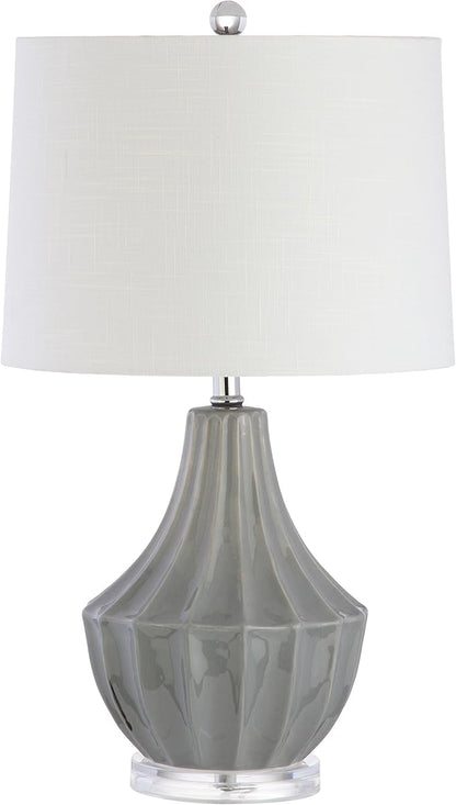 JONATHAN Y 24.5" Gray Ceramic Table Lamp for Bedroom, Modern Bedside Desk Lamp, White Linen Drum Shade, Fluted Gourd for Living Room, LED Bulb Included (JYL8018B)