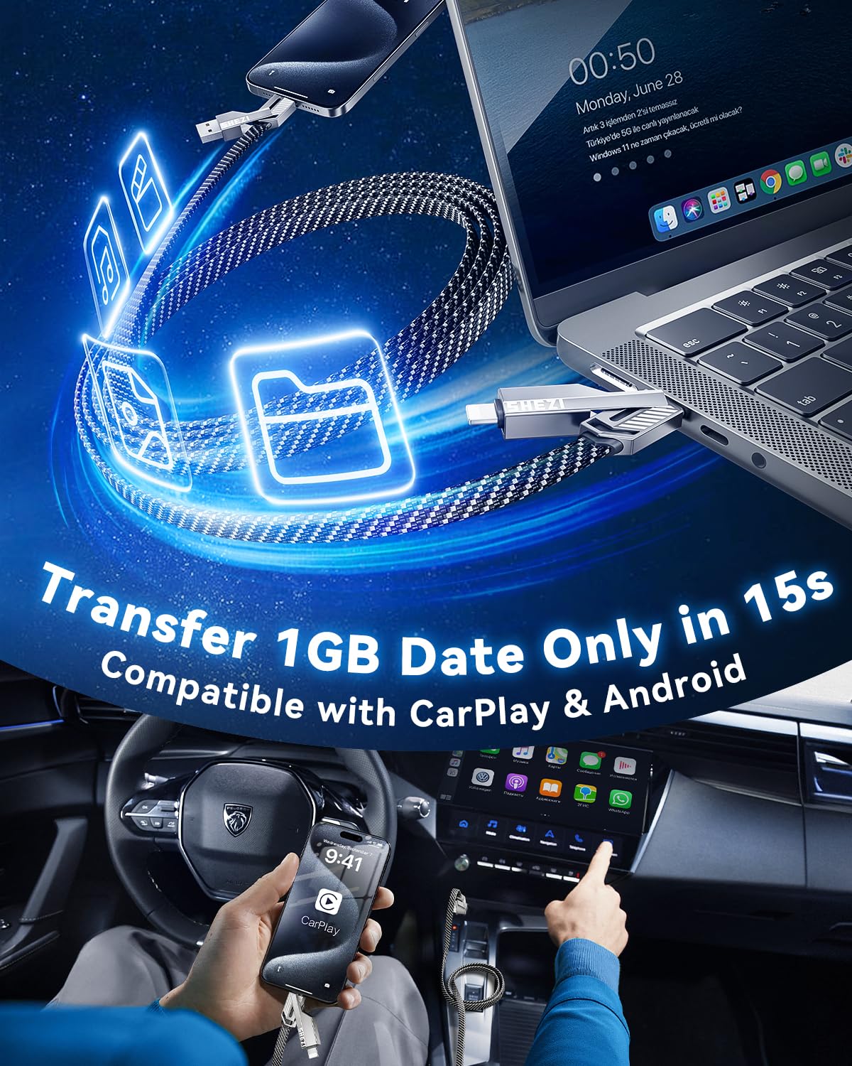 [One is Enough] 4-in-1 Compatible with USB C to Lightning Cable, 45W High-Speed Charging & Fast Data Transfer,CarPlay & Android Auto Support Multi Charger Cord Combo for iPhone/Samsung/iPad,5FT