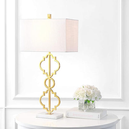 JONATHAN Y 32" Gold Selina Ogee Trellis LED Table Lamp, Glam Modern Iron Geometric Lamp for Living Room Bedroom, White Linen Rectangle Shade, LED Bulb Included JYL3072A