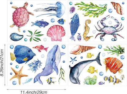 52 Pcs Ocean Fish Wall Decals Glow in The Dark Under The Sea Wall Decals Sea Animals Stickers Removable Waterproof Peel and Stick for Kids Bathroom Watercolor Ocean Decor(Cute Style)