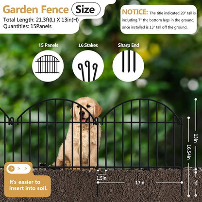 21.25ft x 20in Animal Barrier Fence, 15 Panels Garden Fencing for Dogs Rabbit, Rustproof Metal Edging Border Ground Stake, Arched Decorative Fences for Seedlings Protection, Outdoor Yard Patio Lawn
