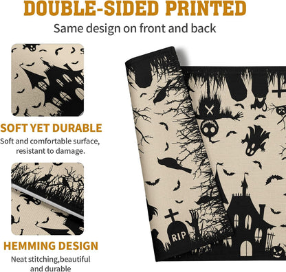 Halloween Placemats 12x18 Inch Set of 4 Black White Witch Castle Ghost Place Mats Spooky Haunted House Bats Tree Crow Table Mat for Party Kitchen Dining Outdoor Indoor Decor