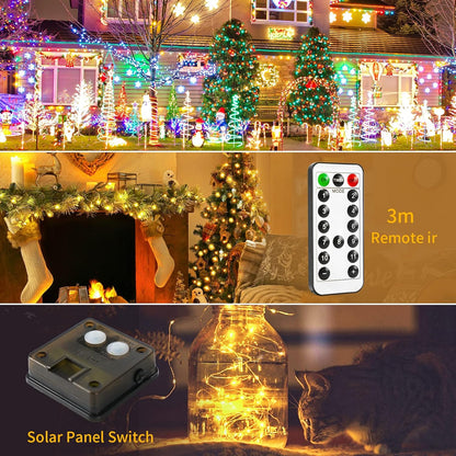 JMEXSUSS 2 Pack Solar Christmas Lights Outdoor Waterproof, 100 LED 33ft Warm White and Multicolor Color Changing Solar Fairy Lights, Copper Wire Solar String Lights for Outside Christmas Decorations