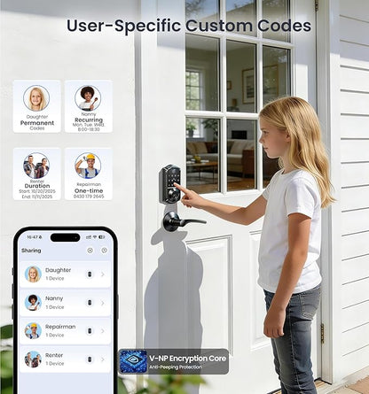 Veise VE017 Fingerprint Smart Door Lock, App Control, 8-in-1 Keyless Entry, Auto Lock, Emergency Power Port, Electronic Touchscreen Keypad, Biometric Smart Locks for Front Door, Matte Black