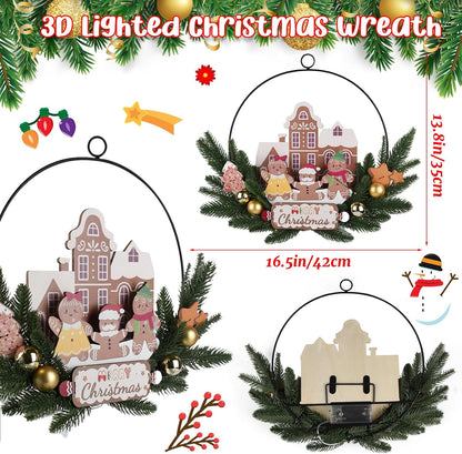 Light up Christmas Wreaths for Front Door, Welcome Metal Wooden Door Wreath Decor Hanging Sign, 30 LED Lighted Wall Decor Battery Operated for Halloween Indoor Outdoor (Gingerbread Man)