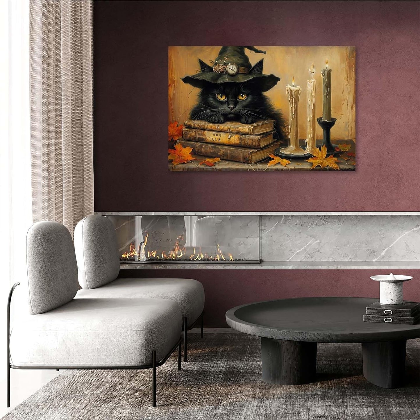 Vintage Halloween wall decoration black cat and magic book suitable for home bedroom living room decoration dark classic art witch wall decoration24x36in Wood Framed