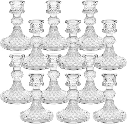 Candlestick Holders Set of 12-4" H Crystal Taper Candle Holders, Thick Glass Candle Stand with Diamond Pattern for Table, Wedding, Party, Church Decoration, Home Decor