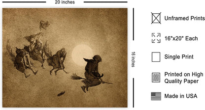 Poster Master Vintage Witches Ride Poster - Retro Flying Witches Print - Halloween Art - Pagan Art - Gift for Men & Women - Gothic Wall Decor for Living Room, Bedroom or Dorm - 16x20 UNFRAMED Wall Art
