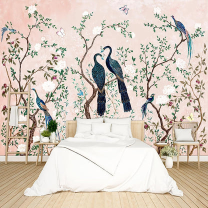 Pink Chinese Style Flowers Birds Wallpaper Peel and Stick Wall Mural for Bedroom Living Room - 85"x118"