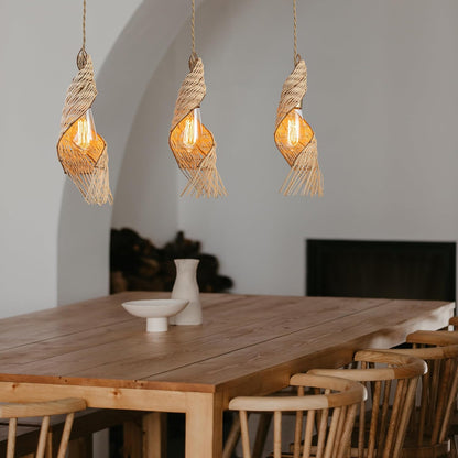 3-Light Modern Rattan Kitchen Island Pendant – Handmade Boho Ceiling Lamp – Spiral Woven Farmhouse Lighting 24" Wide