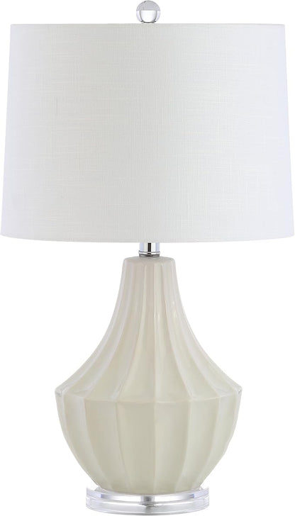 JONATHAN Y 24.5" Cream Ceramic Table Lamp for Bedroom, Modern Bedside Desk Lamp, White Linen Drum Shade, Fluted Gourd for Living Room, LED Bulb Included (JYL8018C)