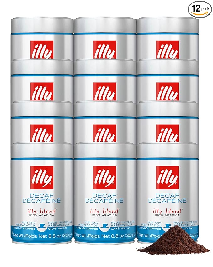 illy Decaf Ground Espresso Coffee, Classico Decaffeinated Medium Roast, 100% Arabica, Premium Italian Coffee, Pre-Ground for Espresso Machines, 8.8oz, 12 Pack