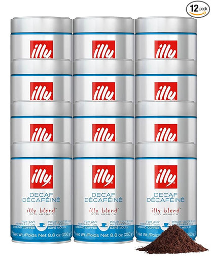 illy Decaf Ground Espresso Coffee, Classico Decaffeinated Medium Roast, 100% Arabica, Premium Italian Coffee, Pre-Ground for Espresso Machines, 8.8oz, 12 Pack