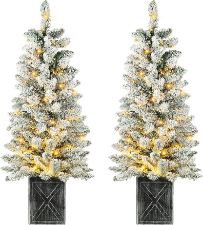 Set of 2 Christmas Trees with Lights 4-FT Artificial Potted Porch Snow Flocked Christmas Tree Battery Powered with 8 Modes and Timer for Indoor Outdoor