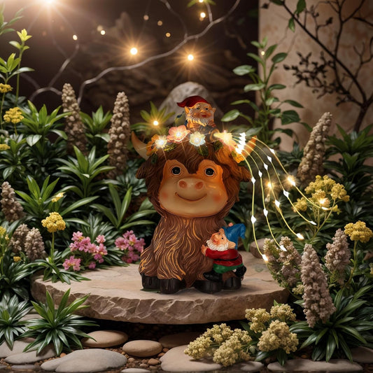 Solar Highland Cow Outdoor Statues for Garden: Outside Decor with Funny Gnomes Clearance for Yard Art Lawn Ornaments Porch Patio Balcony Home House - Birthday Gifts for Grandma Mom Women(Cow Gnome)