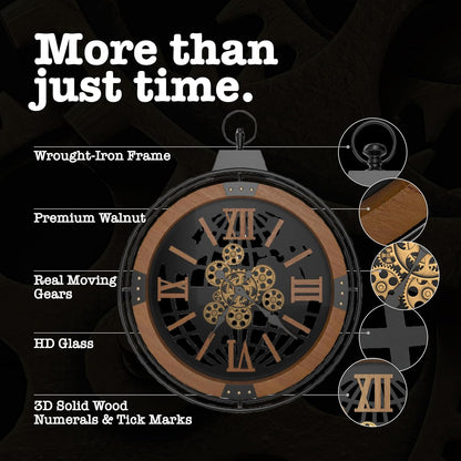 Driini 24 Inch Large Rustic Farmhouse Gear Clock with Moving Gears – Vintage Oversized Wall Clock with Iron Frame – Giant Industrial Steampunk Wall Clock for Living Room Décor (Walnut)