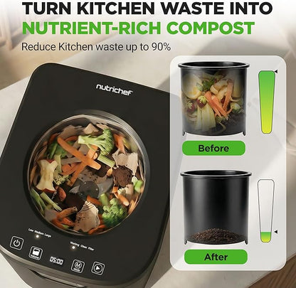 NutriChef 4 Quart Electric Kitchen Composter | Smart Countertop Composter Includes 2 Odorless Carbon Filters | Electric Compost Bin for Indoor Use | 3 Volume Based Modes Small, Medium & Large | Gray