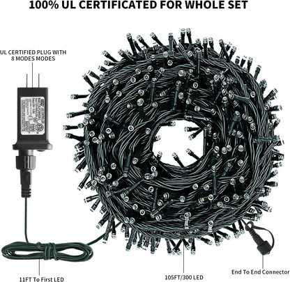 XTF2015 Christmas String Lights, 105ft 300 LED Christmas Lights 8 Modes Memory Function & Timer- UL Certified - Outdoor Indoor Christma s Fairy Lights for Tree, Garden, Party, Wedding(Blue + White)