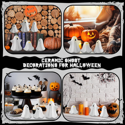 Domensi 9 Pcs Halloween Ceramic Ghost Figurines with LED Lights, Large 5.12 White Spooky Ghost Sculpture Statue Cute Halloween Miniatures for Gifts Centerpiece Table Mantel Collections Decorations