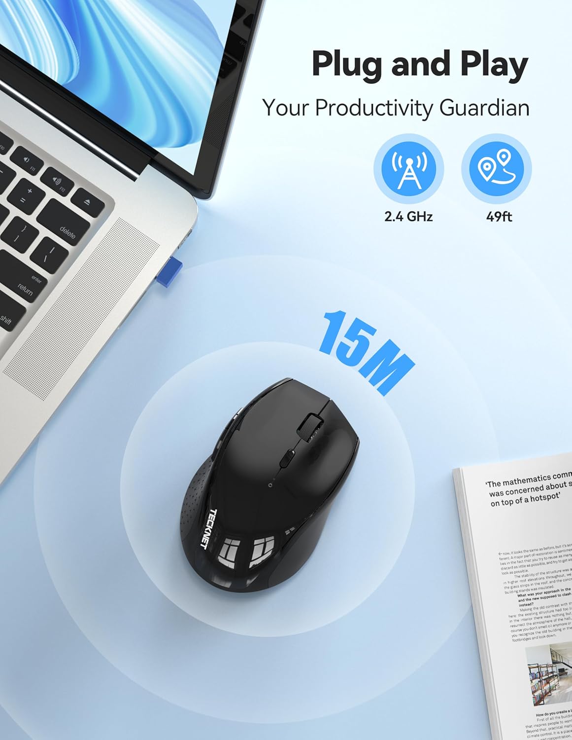 TECKNET Wireless Mouse Rechargeable,Mouse for Laptop Computer,2.4G USB Computer Mice Wireless,6 Button 6400 DPI Ergonomic Silent Mice,Portable Cordless Travel Mice-Wide Compatibility