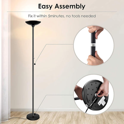 BoostArea Torchiere Floor Lamp, 30W Super Bright LED Standing Lamp, Stepless Dimmable Pole Lamp with 3000K Lighting, Rotary Switch, 70 Inch Tall Metal Modern Floor Lamps for Living Room/Bedroom Black