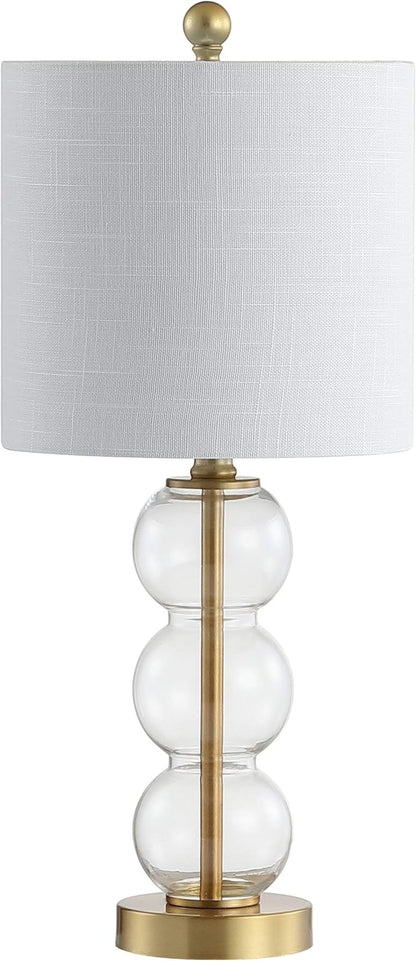 JONATHAN Y 21" Clear/Brass Gold Glass Table Lamp for Bedroom and Living Room, White Linen Shade, Modern Stacked Sphere Bedside Lamp, LED Bulb Included (JYL1021B)