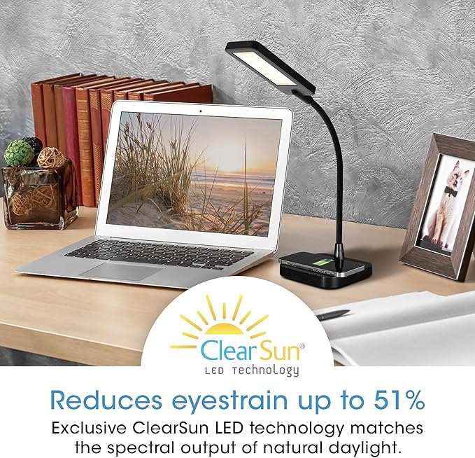 Ottlite ClearSun LED Desk Lamp with Wireless Charging - 3 Color Temperature Modes, Flexible Gooseneck - Task Lamp for Home, Reading, Office & College Dorms