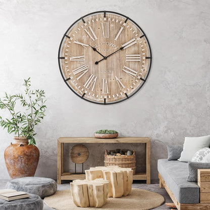 Farmhouse Wall Clock 30 Inch - Rustic Wood Metal Decor, Silent Sweep, Battery Operated for Living Room Kitchen Office, Brown