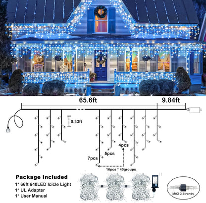 66FT 640 LED Icicle Lights for Outside, Icicle Christmas Lights Outdoor with 8 Modes Timers, Waterproof Plug in Twinkle String Light for Yard Eave Patio Party Holiday Decorations, Blue White
