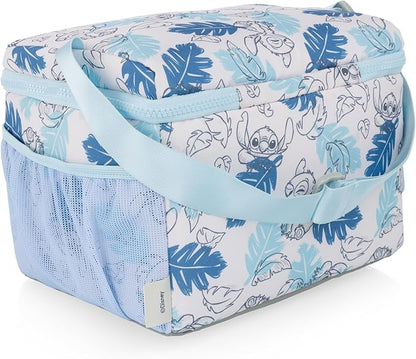 PICNIC TIME Disney Lilo & Stitch Modern Lunch Cooler, Insulated Lunch Box for Work, Travel, and Outdoor Use, Waterproof Cooler Bag with Adjustable Strap and Mesh Pockets, (White with Blue Leaf Design)