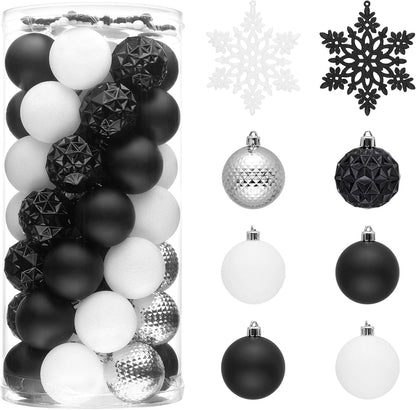 Valery Madelyn Christmas Tree Decorations Ornament Set for Fall Halloween Decor, 50ct Black and White Shatterproof Christmas Ball Ornaments Bulk, 2.36 Inches Hanging Decor for Xmas Holiday Party