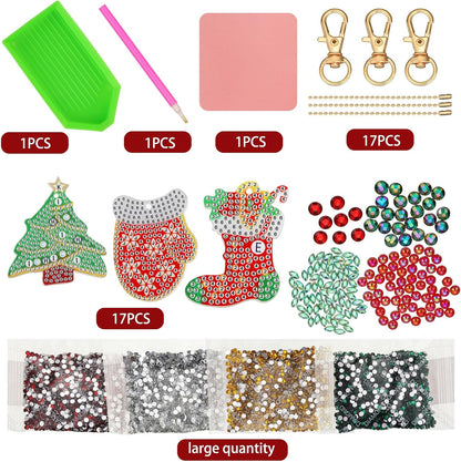 Yaomiao 17 Pieces Double Sided Diamond Art Christmas Ornaments Christmas Keychains Diamond Art Kit for Adult DIY 5d Painting Round Drill Key Chain Xmas Crystal Rhinestone Arts Craft Keychain Supplies