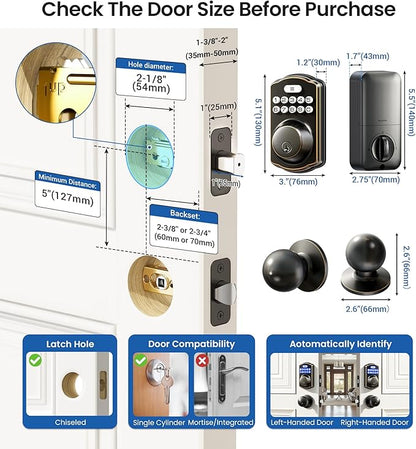 Veise Keyless Entry Door Lock with 2 Knobs, Electronic Backlit Keypad Deadbolt with Handle Set, Auto Lock, One-time Codes, Smart Deadbolt for Front Door, Easy Installation, Oil-Rubbed Bronze