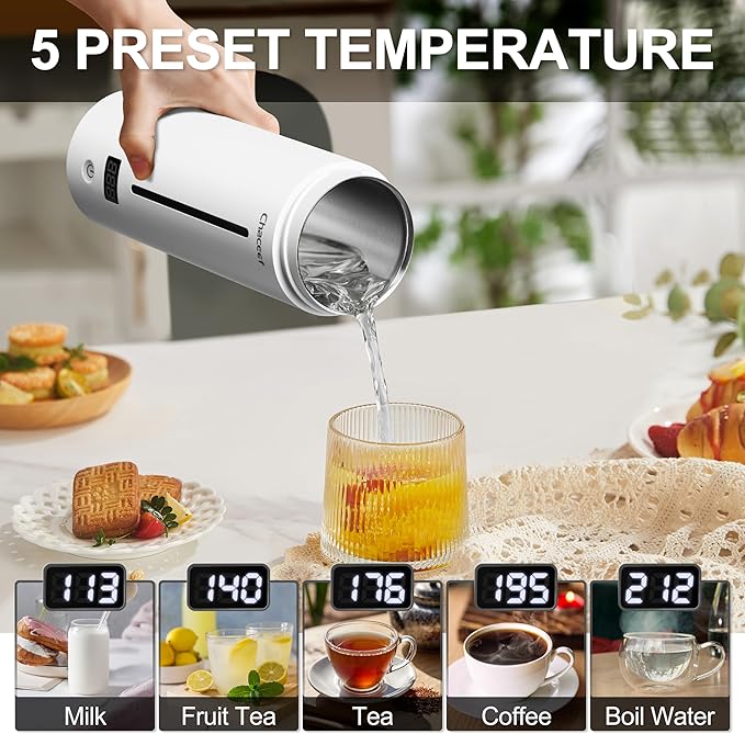 CHACEEF Travel Kettle 𝐔𝐩𝐠𝐫𝐚𝐝𝐞𝐝, Portable Electric Kettle, 350ml Small Electric Kettle with 5 Variable Presets, 304 Stainless Steel Hot Water Boiler with Auto Shut-Off & Boil Dry Protect, White