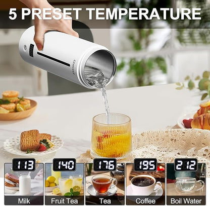 CHACEEF Travel Kettle 𝐔𝐩𝐠𝐫𝐚𝐝𝐞𝐝, Portable Electric Kettle, 350ml Small Electric Kettle with 5 Variable Presets, 304 Stainless Steel Hot Water Boiler with Auto Shut-Off & Boil Dry Protect, White