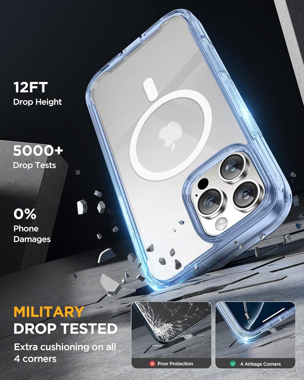 Miracase Magnetic for iPhone 16 Pro Case Full-Body Phone with Built-in Glass Screen Protector, [Compatible with MagSafe] Military Drop Proof 16 Pro Cover Bumper 6.3 inch, Clear Blue