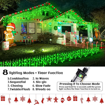 33ft Icicle Lights for Outside, Green Christmas Lights Outdoor Waterproof, 400 LED Twinkle Tree With 75 Drops Clear Wire Short Curtain for House, Room, Home Wall Indoor Decorations