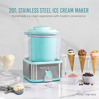 Nostalgia Electric Ice Cream Maker with 2-Qt Double Insulated Gel Canister & Stainless Steel Base - Makes Sorbet, Soft Serve, and Frozen Yogurt - Aqua