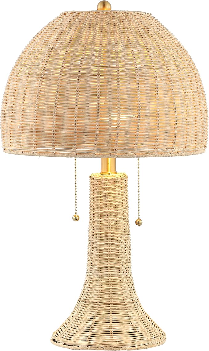 JONATHAN Y 22" Natural/Brass Gold Bohemian Rustic LED Table Lamp for Bedroom, Natural Rattan Shade, Farmhouse Coastal Nightstand Lamp for Living Room, LED Bulbs Included JYL4040A