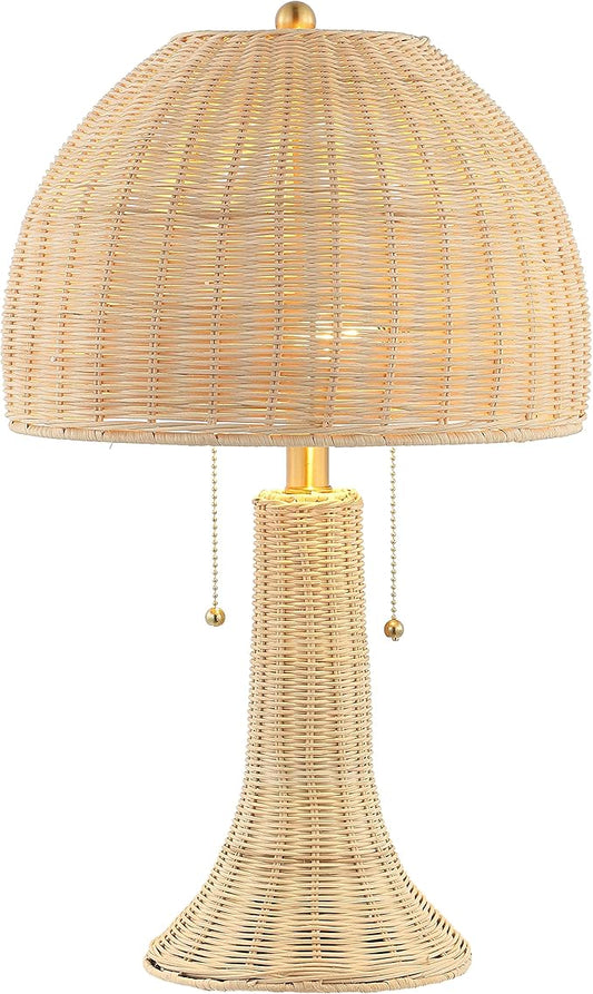 JONATHAN Y 22" Natural/Brass Gold Bohemian Rustic LED Table Lamp for Bedroom, Natural Rattan Shade, Farmhouse Coastal Nightstand Lamp for Living Room, LED Bulbs Included JYL4040A