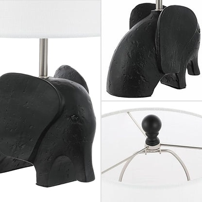 JONATHAN Y 17.5" Black Elephant Kids Table Lamp, Whimsical Resin Bedside Lamp with White Linen Drum Shade for Bedroom Playroom Nursery, LED Bulb Included, UL Listed JYL1143A