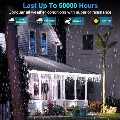 792 LED Christmas Outdoor Lights with 176 Drops, 82ft Hanging Curtain Lights 8 Modes, Christmas Fairy Lighs with Timer & Memory for House Roof Holiday Wedding Christmas Decor (Cool White)